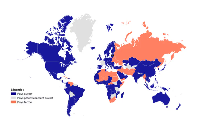 Carte du monde représentant les pays ouverts au V.I.E au 05 mai 2026