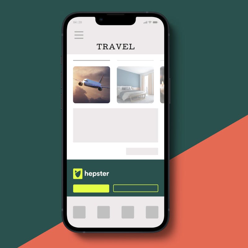Smartphone display shows a mock up of a web page with the headline travel, an airplane and a hotel room 