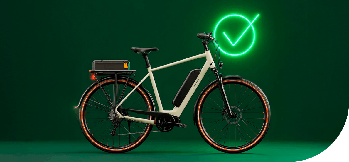 An e-bike with a green checkmark icon on a green background; the checkmark indicates active insurance.