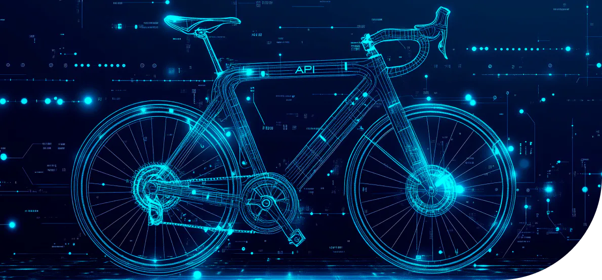 Digital gerendertes, blaues Fahrrad in futuristischem Stil mit der Markenaufschrift "API".