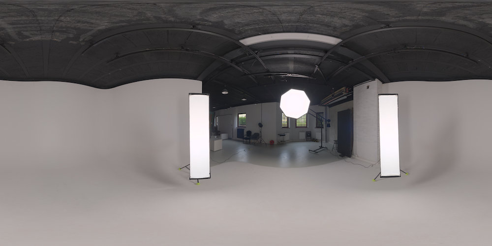 A 360-degree panorama of a studio lighting setup