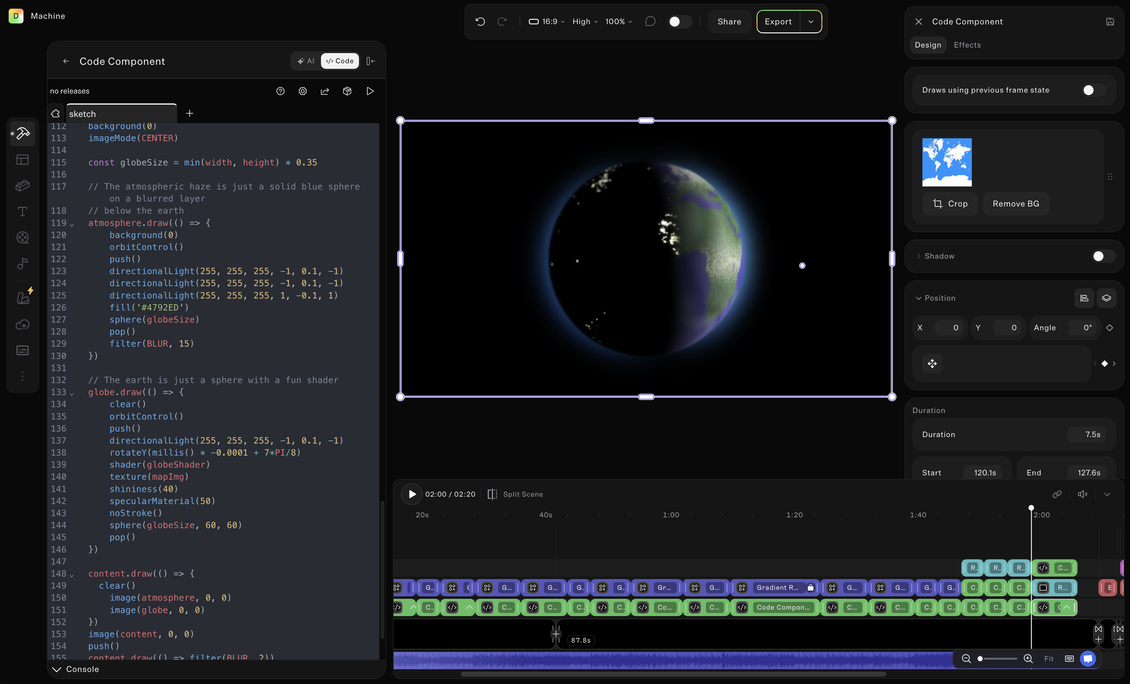 The Butter IDE showing a 3D globe next to p5.js code to draw it