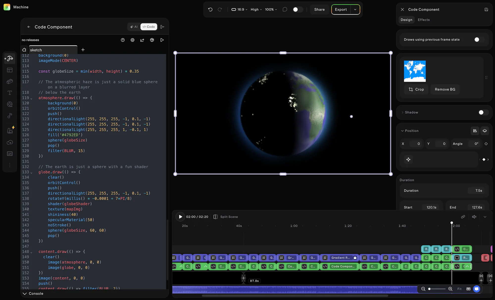 The Butter IDE showing a 3D globe next to p5.js code to draw it