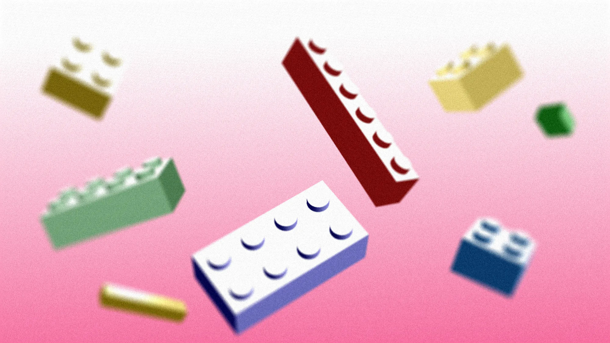 Colorful toy bricks floating on a pink background