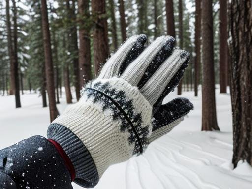 A gloved hand in a snowy forest