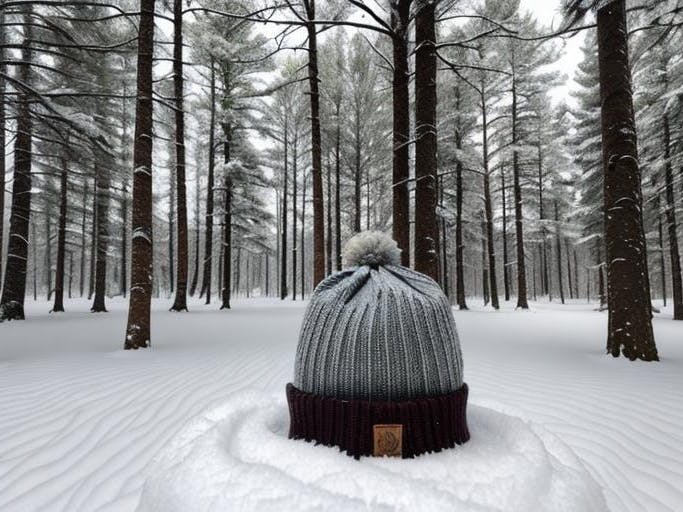A winter hat in a snowy forest