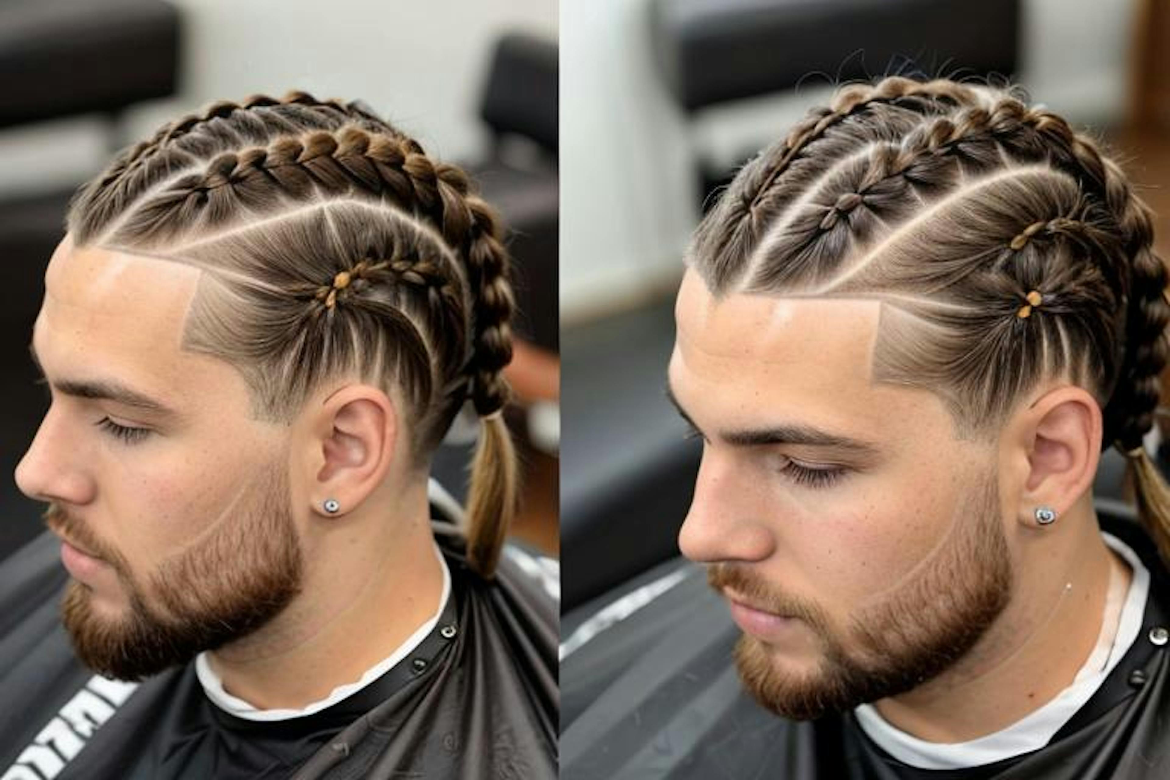 Two angles of a man with braided hair