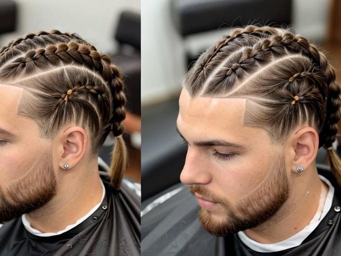 Two angles of a man with braided hair