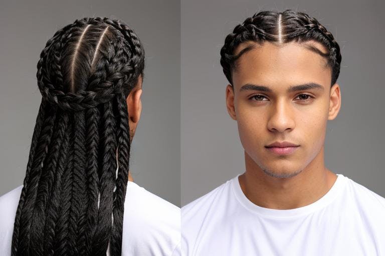 Front and rear view of a man with box braids