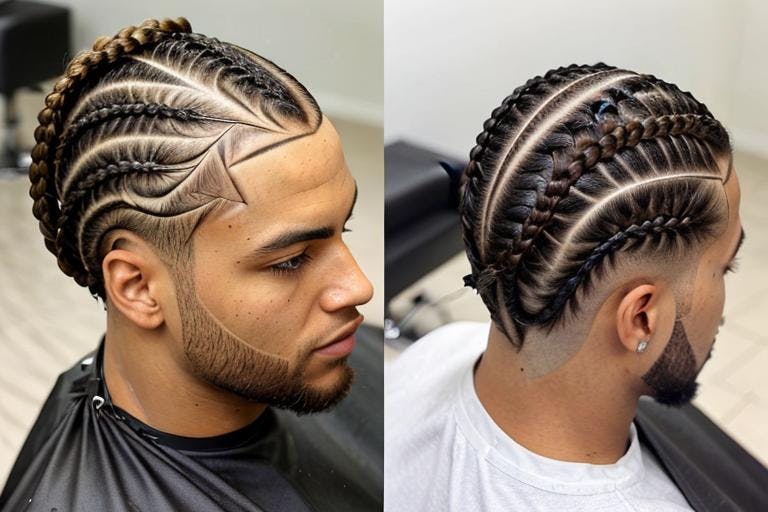 Two angles of a man with cornrows