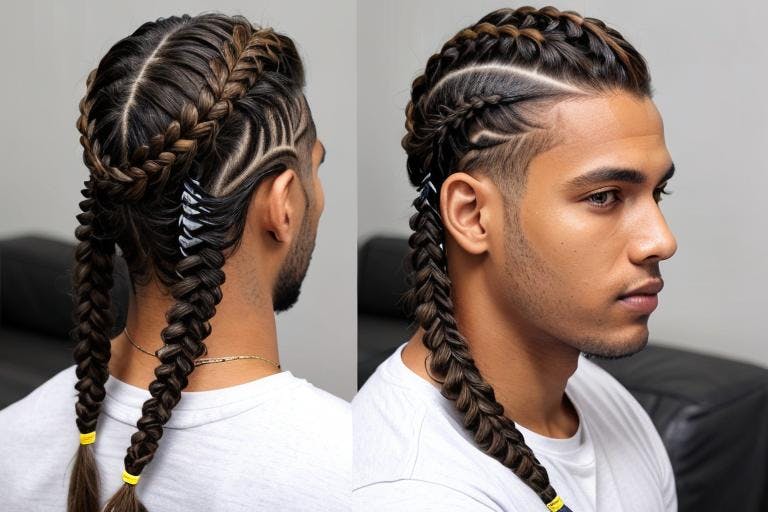 Front and rear view of a man with fishbone braids