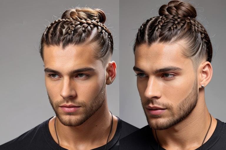 Two angles of a man with a braided topknot hairstyle