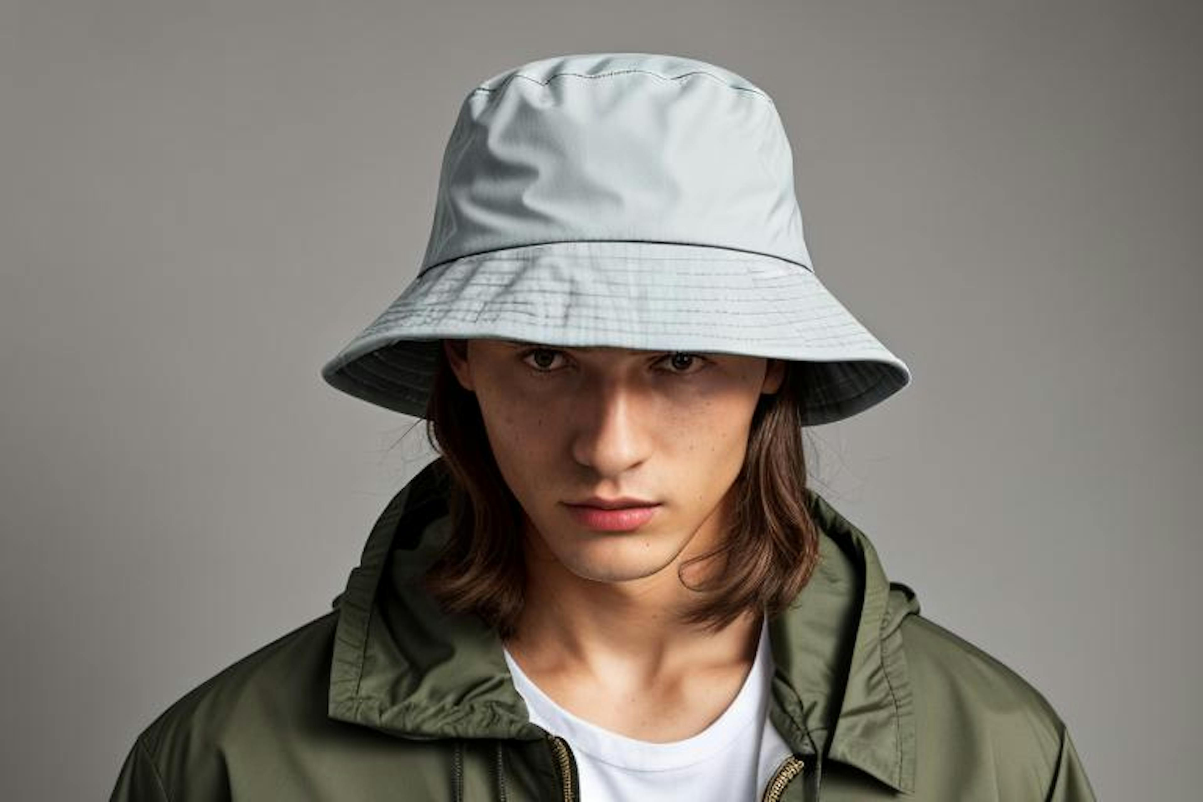 A man with long hair wearing a grey bucket hat