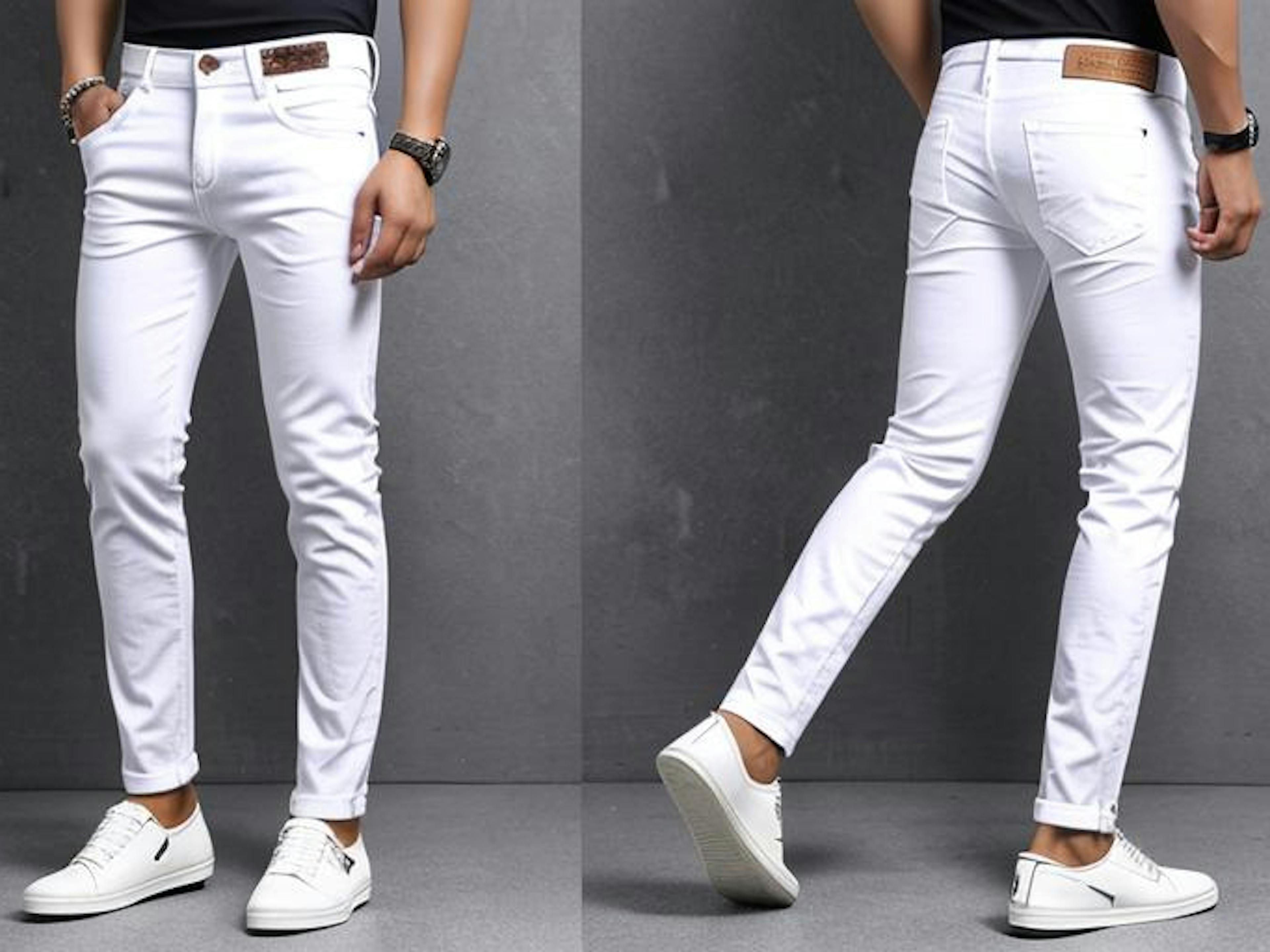 Front and rear view of a man wearing white jeans