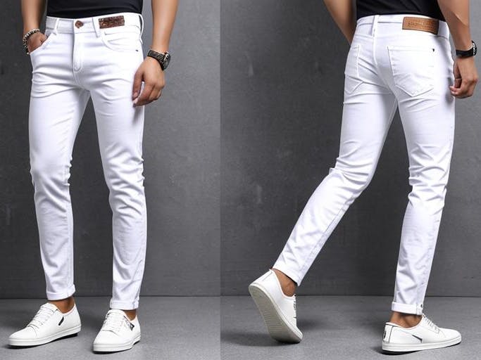Front and rear view of a man wearing white jeans