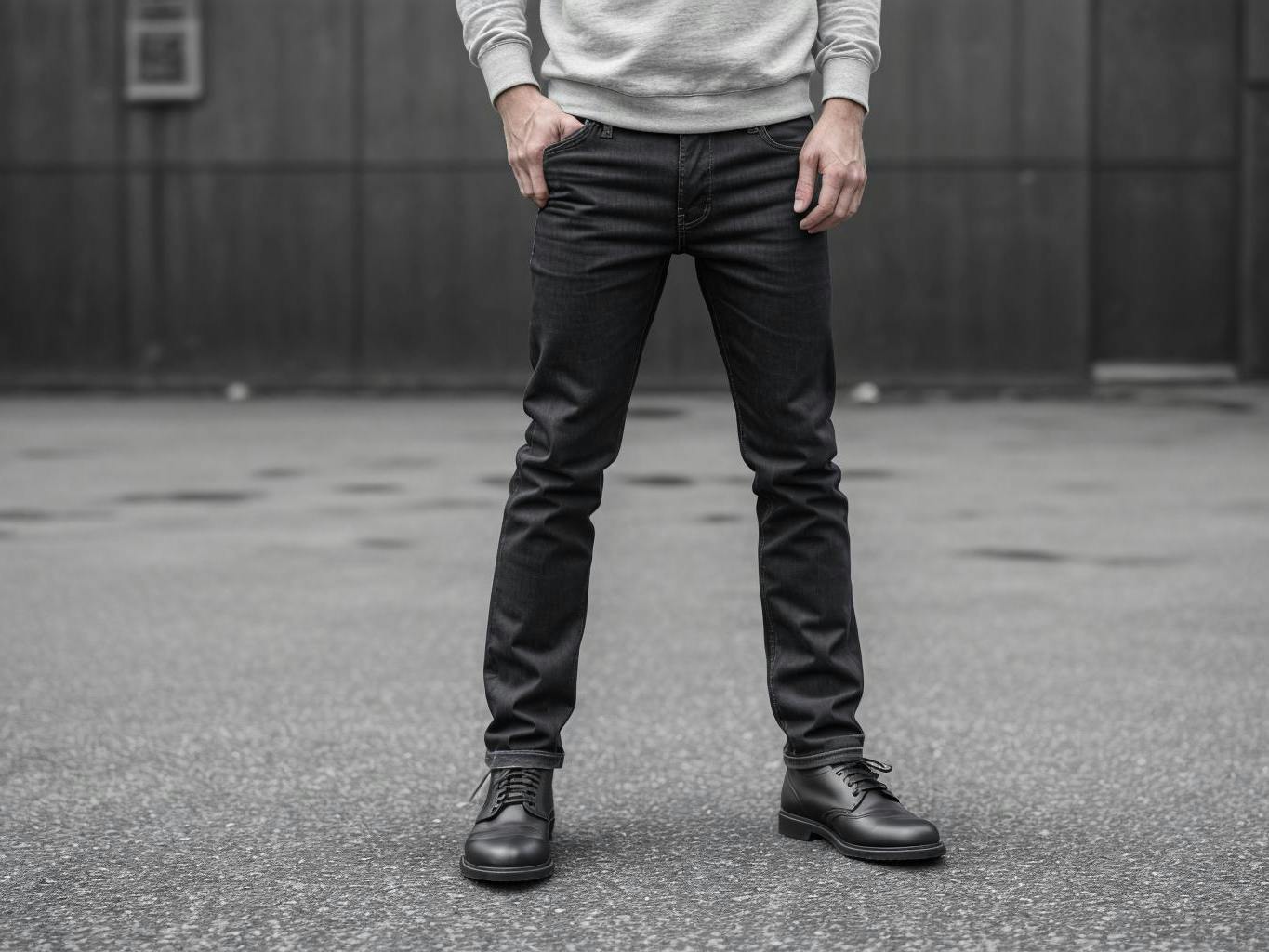 The lower half of a man wearing black jeans and black boots