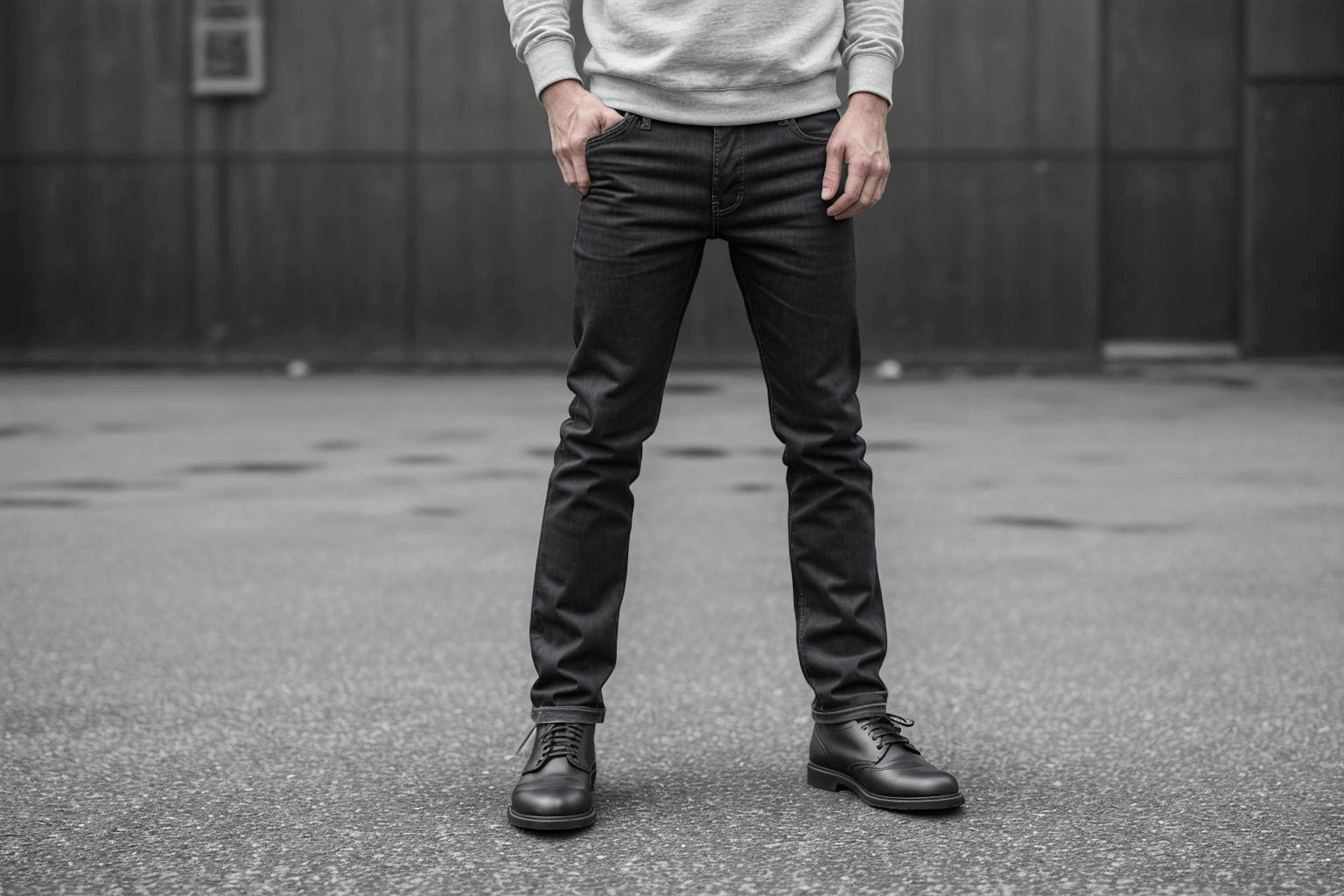 The lower half of a man wearing black jeans and black boots