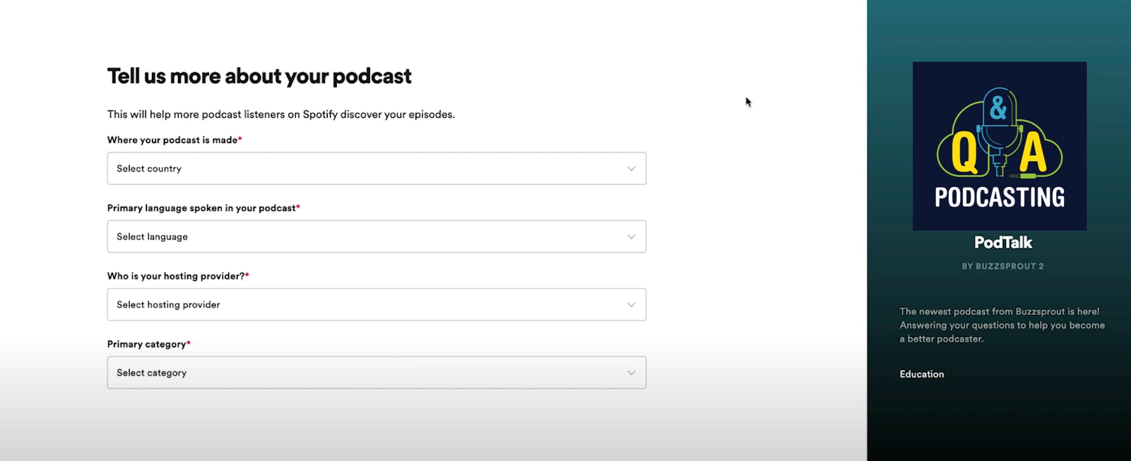 Dropdown menus for podcast categories and others details about your podcast