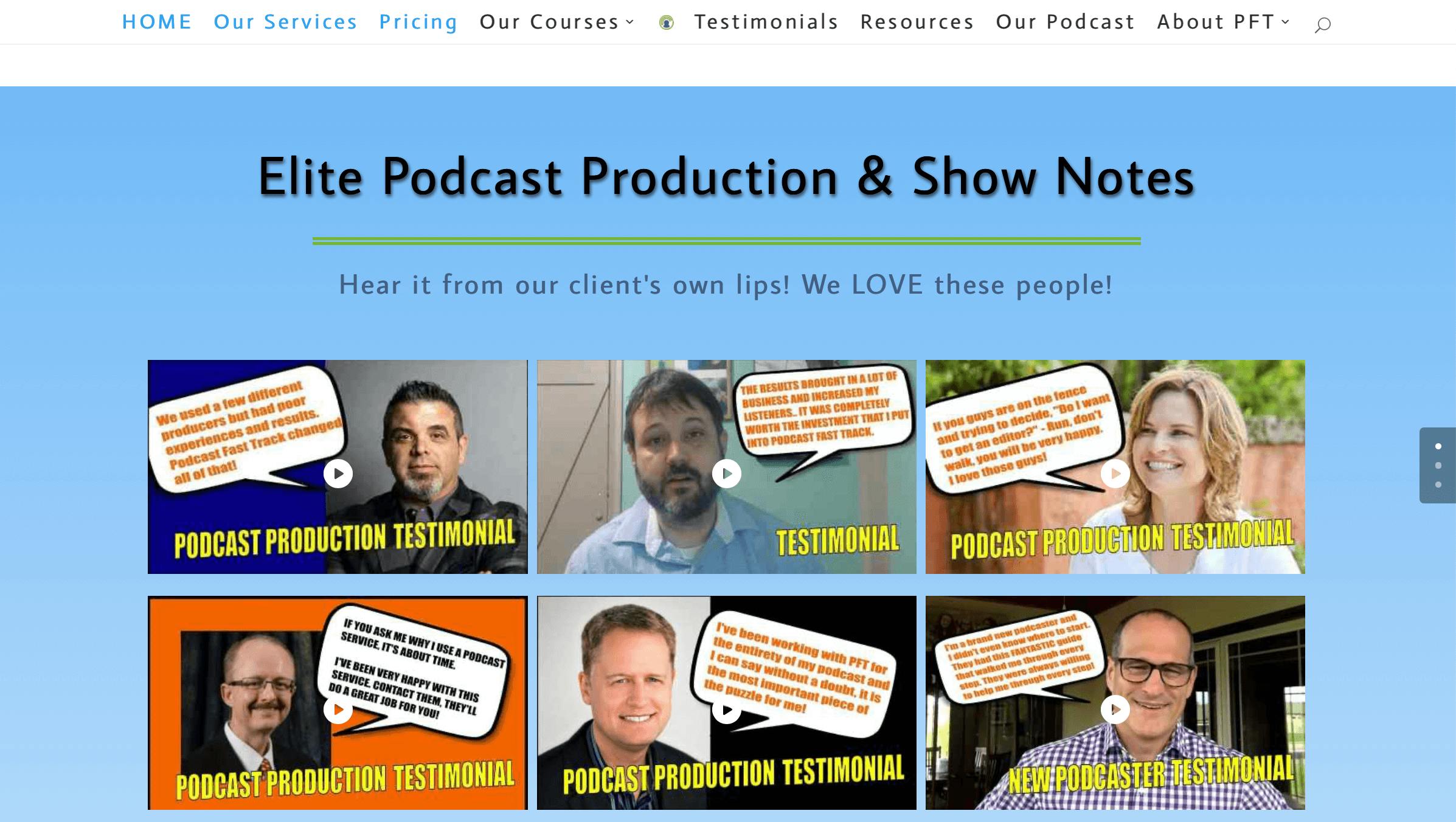 Podcast FastTrack homepage with images of podcasters and a blue background 