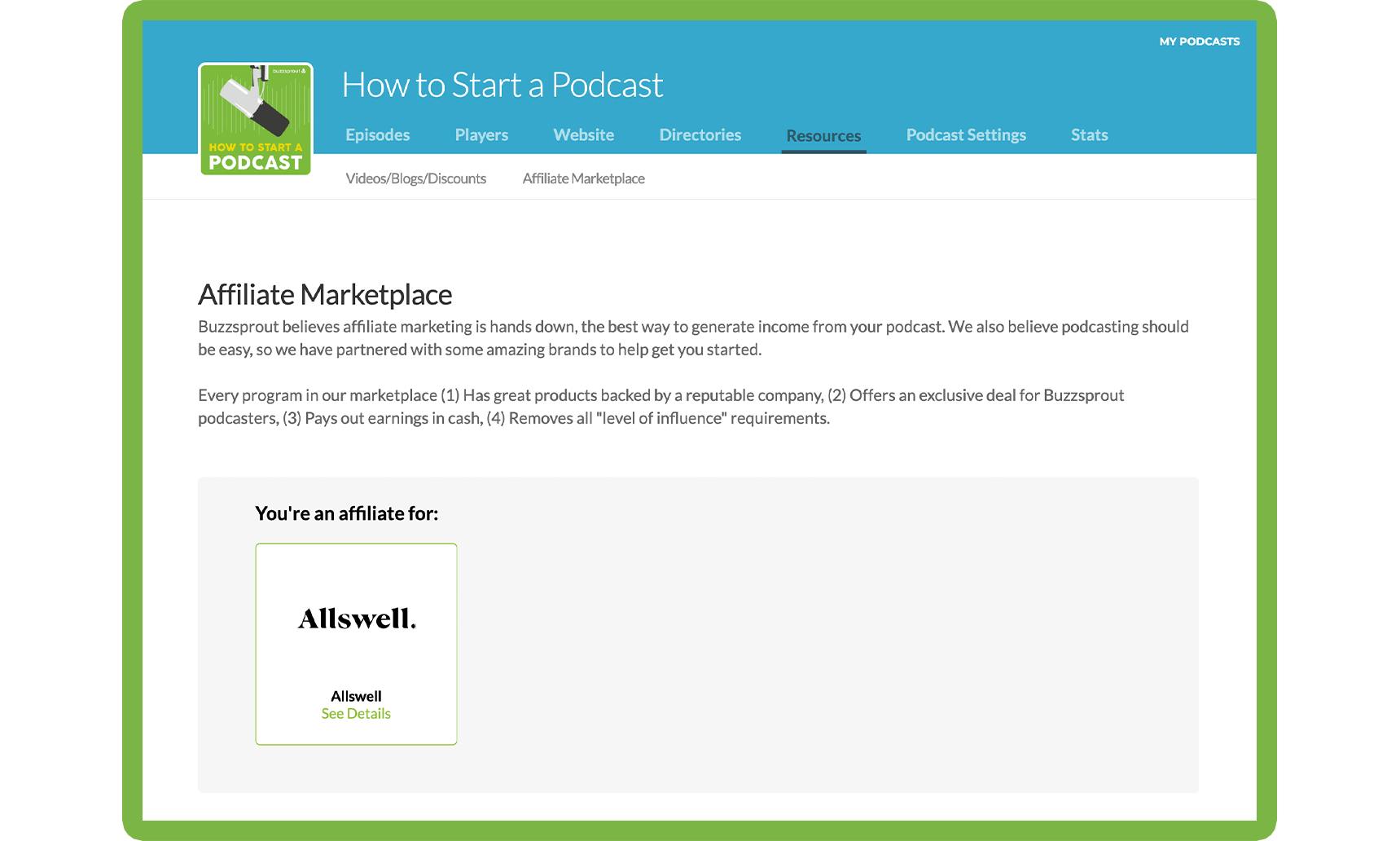 Affiliate Marketplace home page with Allswell