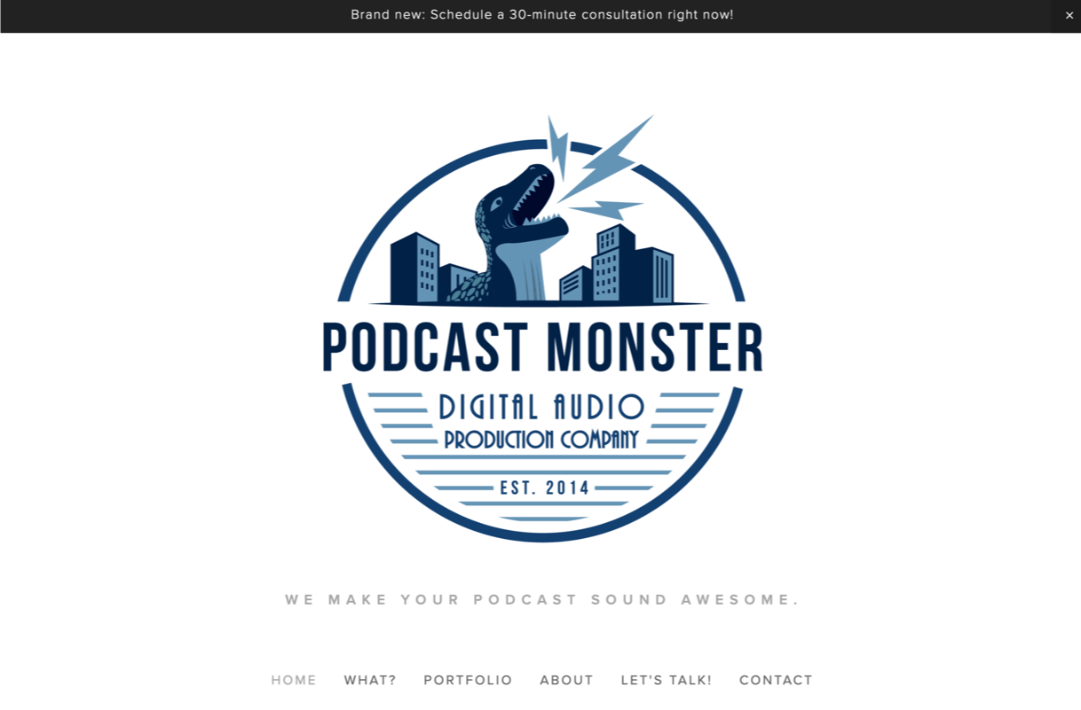 Podcast Monster homepage with blue logo and menu