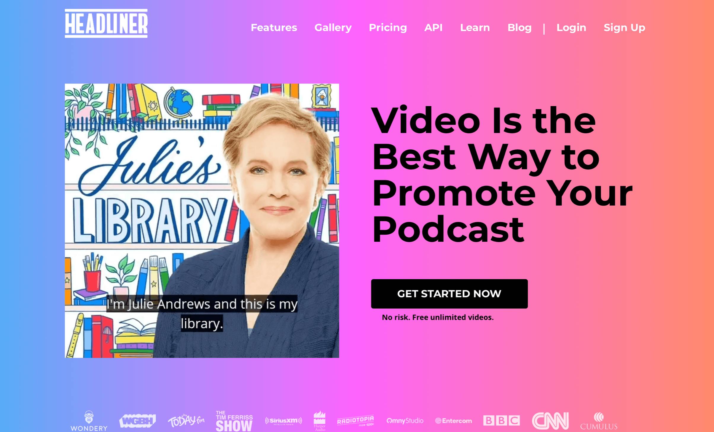 Headliner homepage showing Julia Andrew's podcast audiogram with colorful background and black text + button