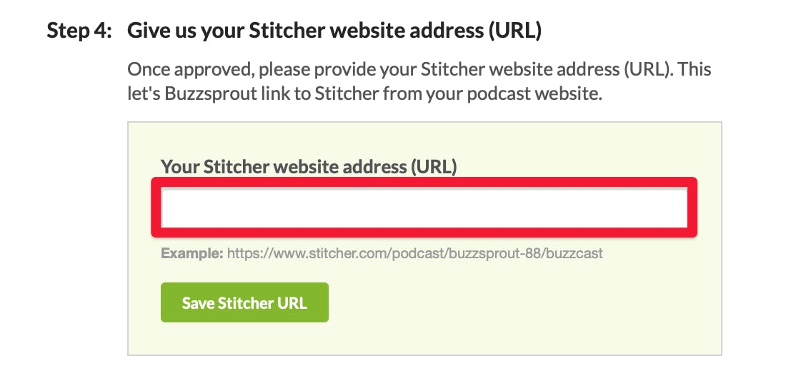 A red box highlighting where to post your Stitcher podcast website URL