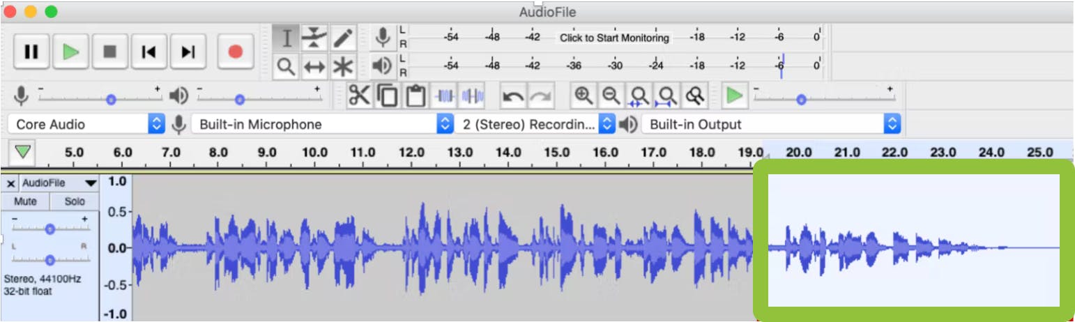 Green box highlighting linear fade within Audacity workspace