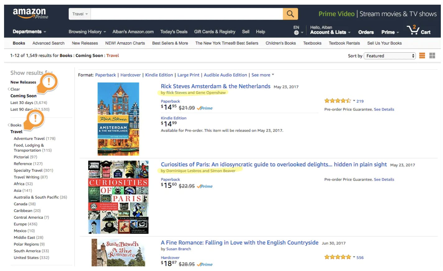 Amazon search results with orange arrows pointing to left menu items