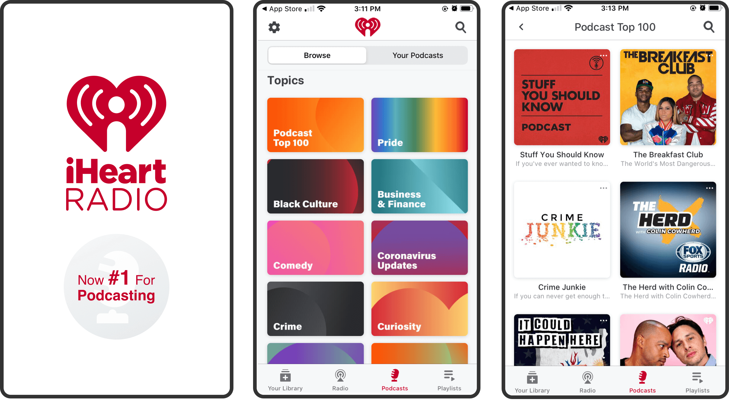 Three boxes with screenshots of the iHeart podcasting app