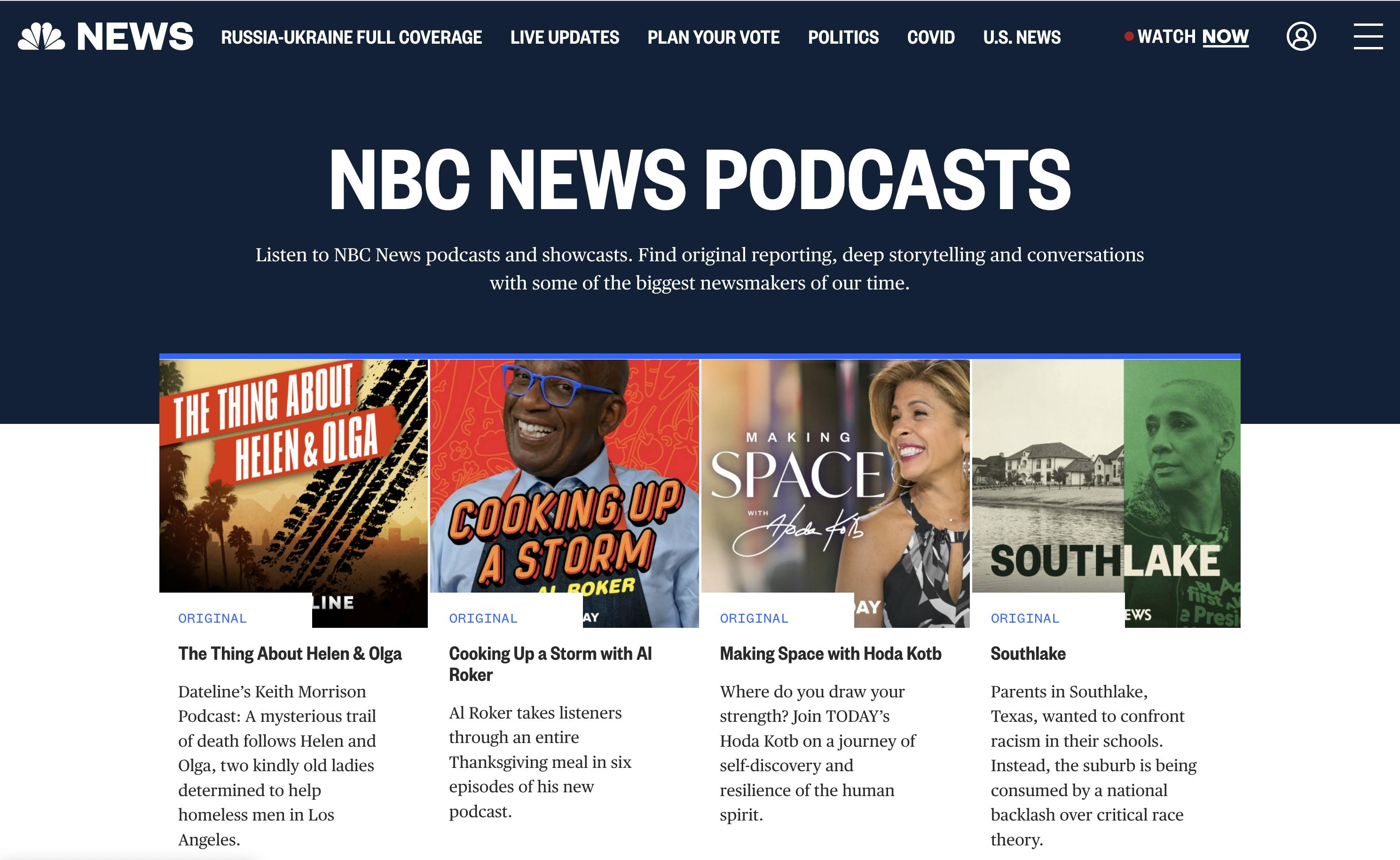 NBC News podcast network homepage with podcast artwork for Cooking Up a Storm, Making Space with Hoda Kotb, Southlake, and The Thing about Helen and Olga