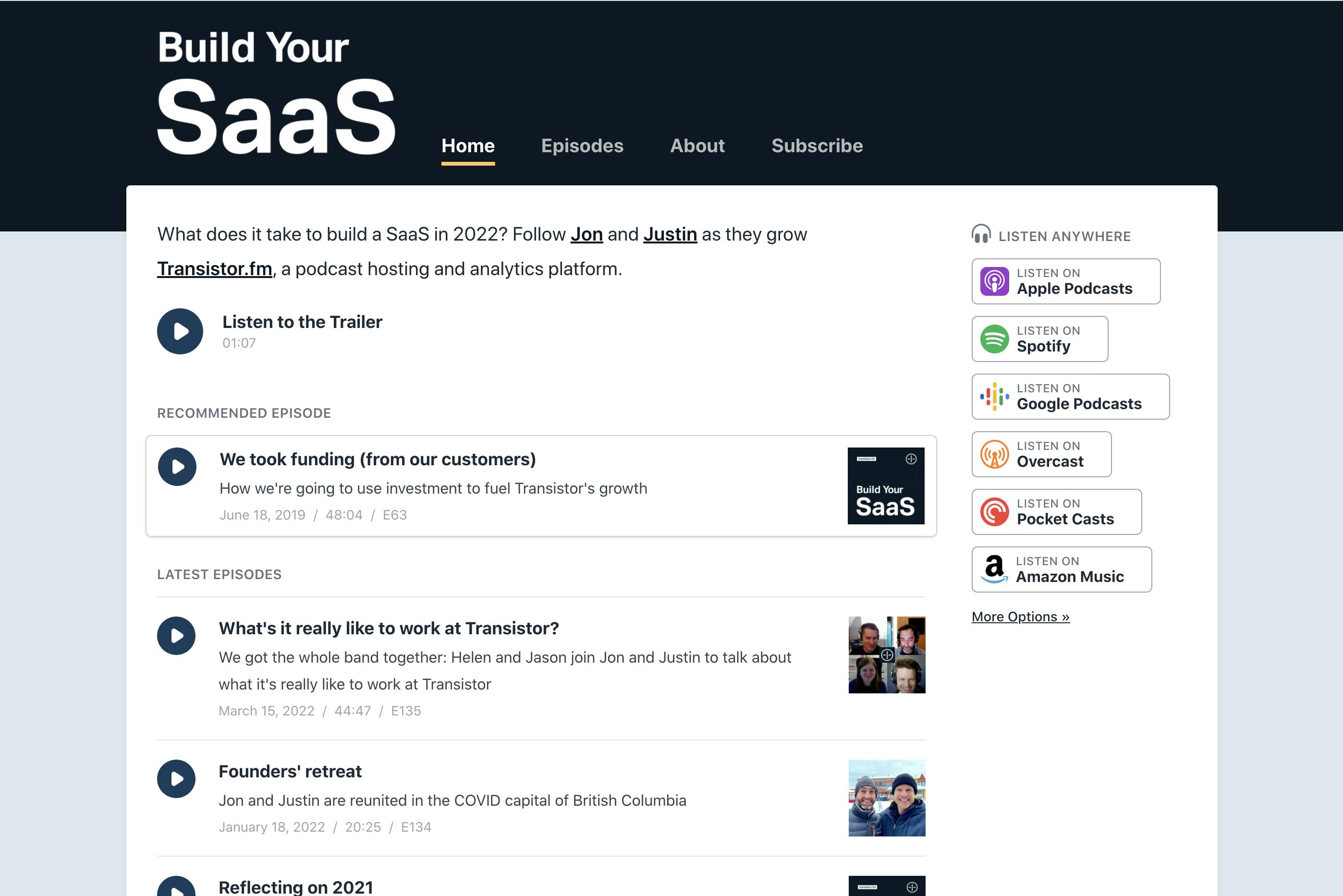 Build Your Saas Transistor podcast page 