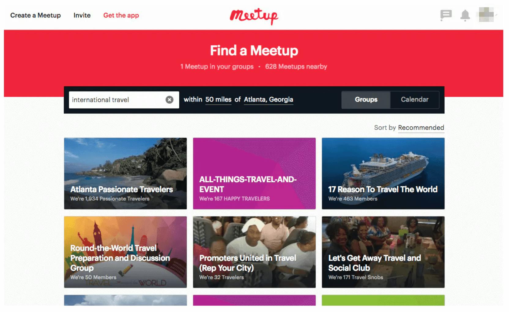 Meetup's homepage 