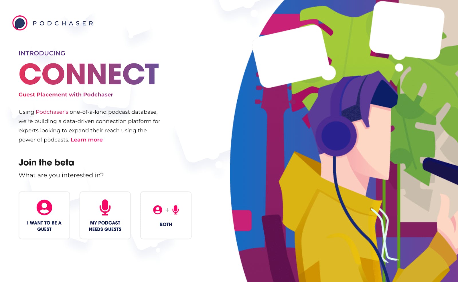 Podchaser Connect homepage with cartoon image of podcaster talking into a podcast mic