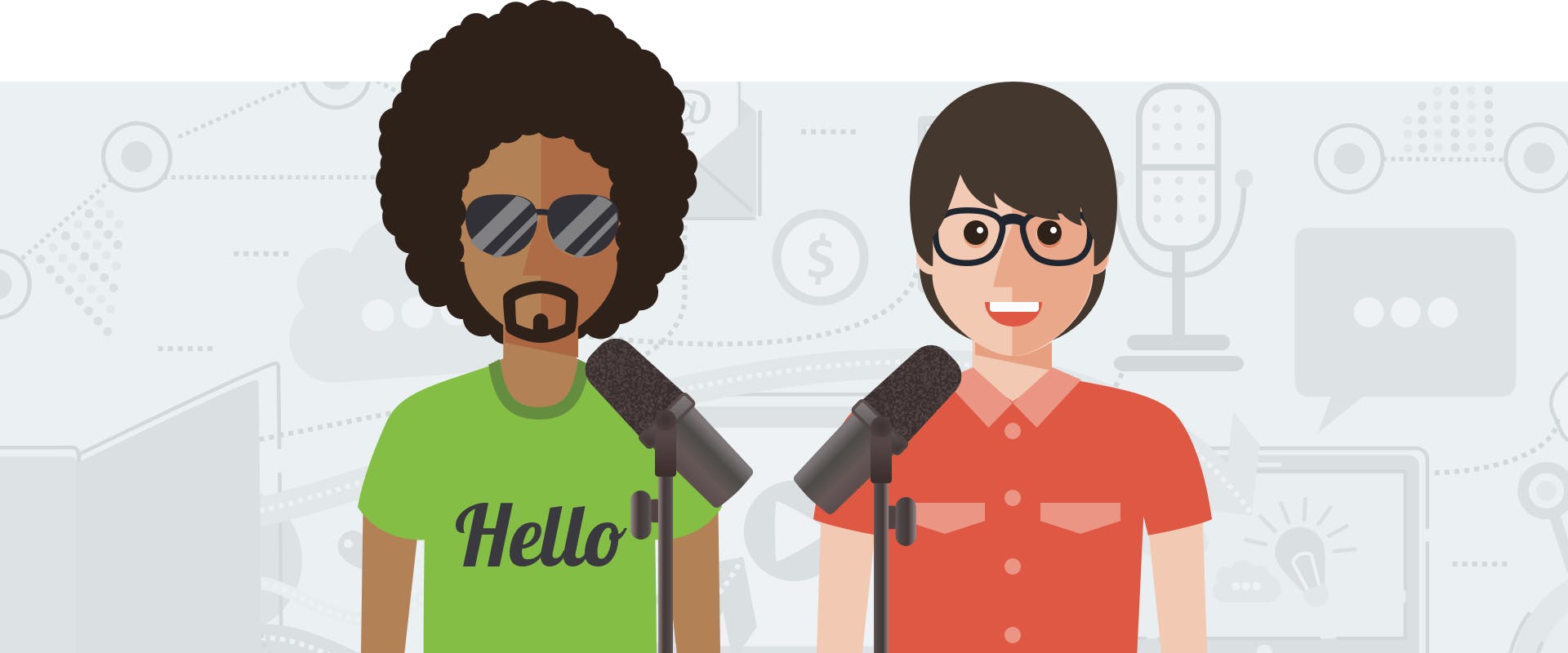 Two podcasters with mics