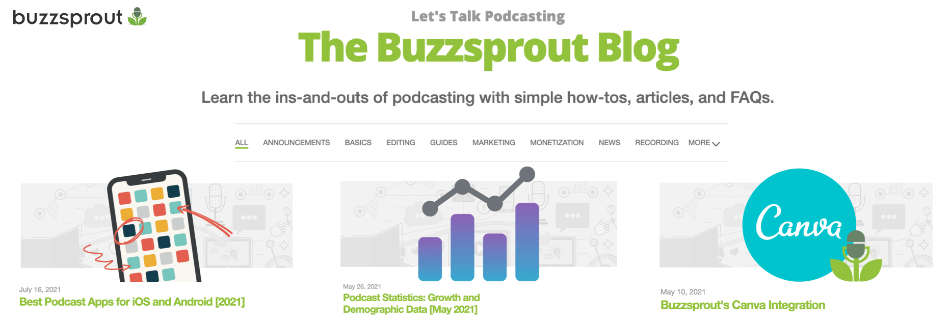 The Buzzsprout Blog homepage featuring three blog images 