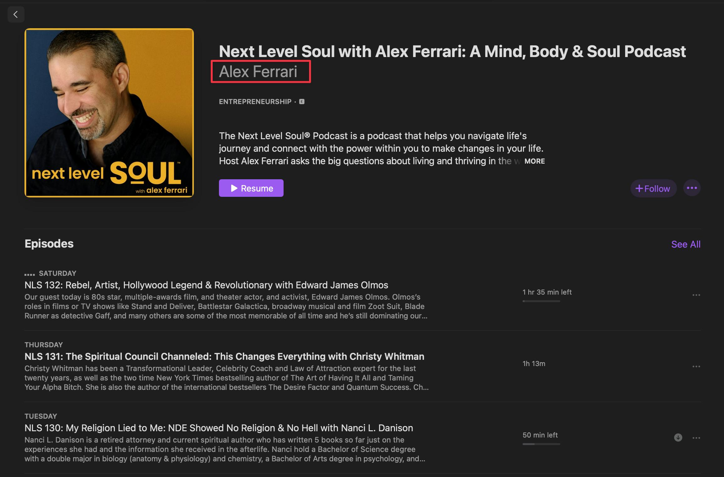 Next Level Soul Apple Podcasts page with red box around host's name