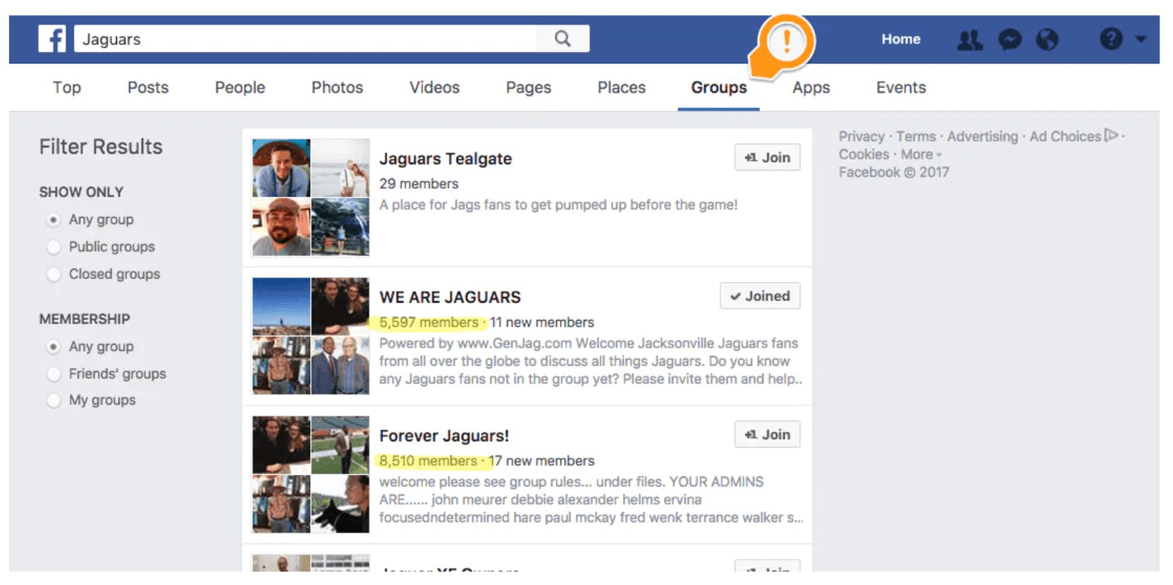 Facebook search results with orange arrow pointing to the
