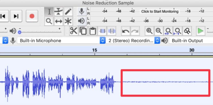 Audacity workspace with red box around remaining noise