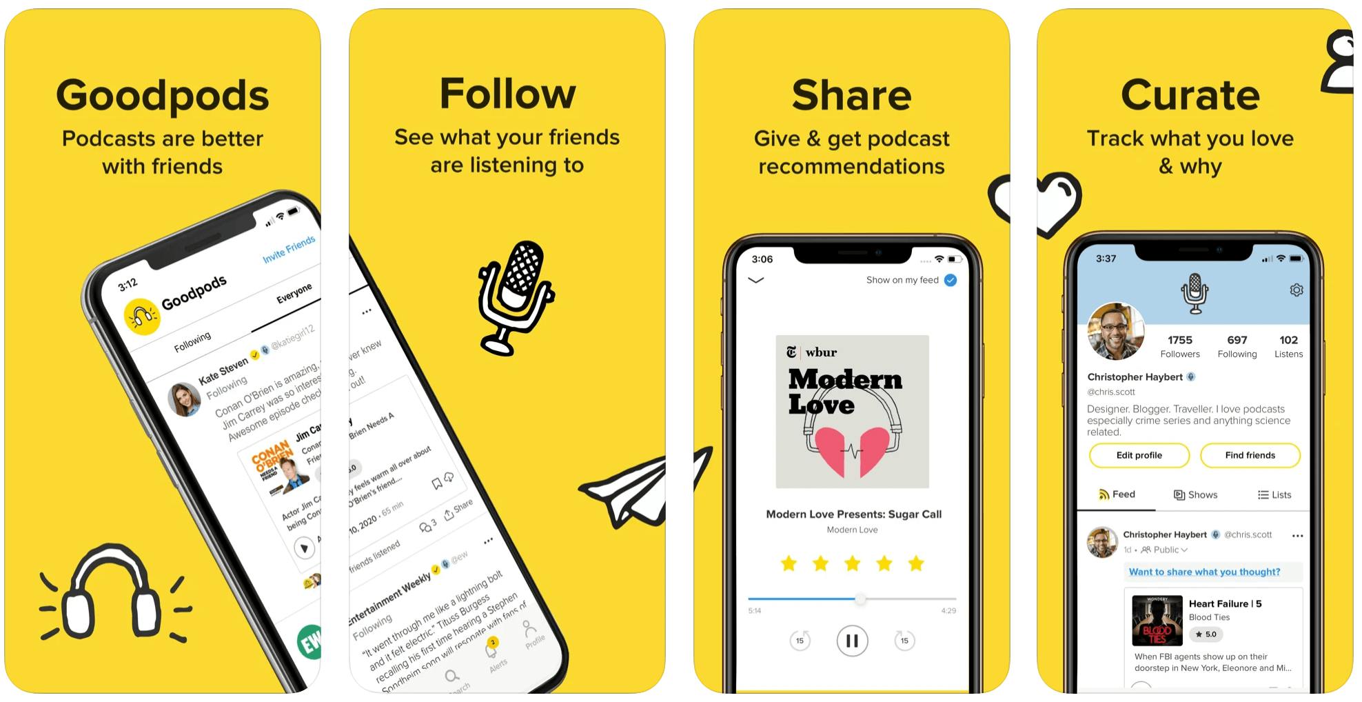Four back-to-back screenshots of Goodpods app within a smartphone, a yellow background, and black text.