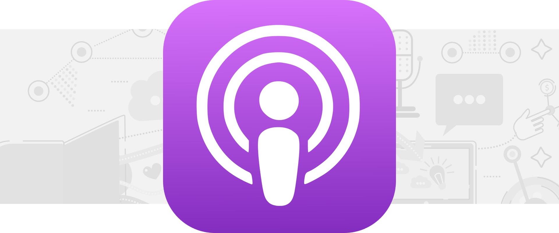 Purple Apple Podcasts logo on gray background