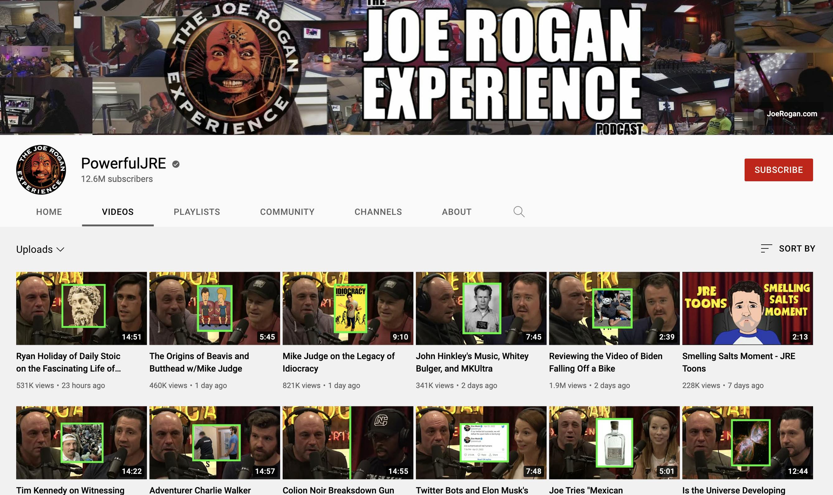 PowerfulJRE podcast YouTube channel with JRE banner and video thumbnails