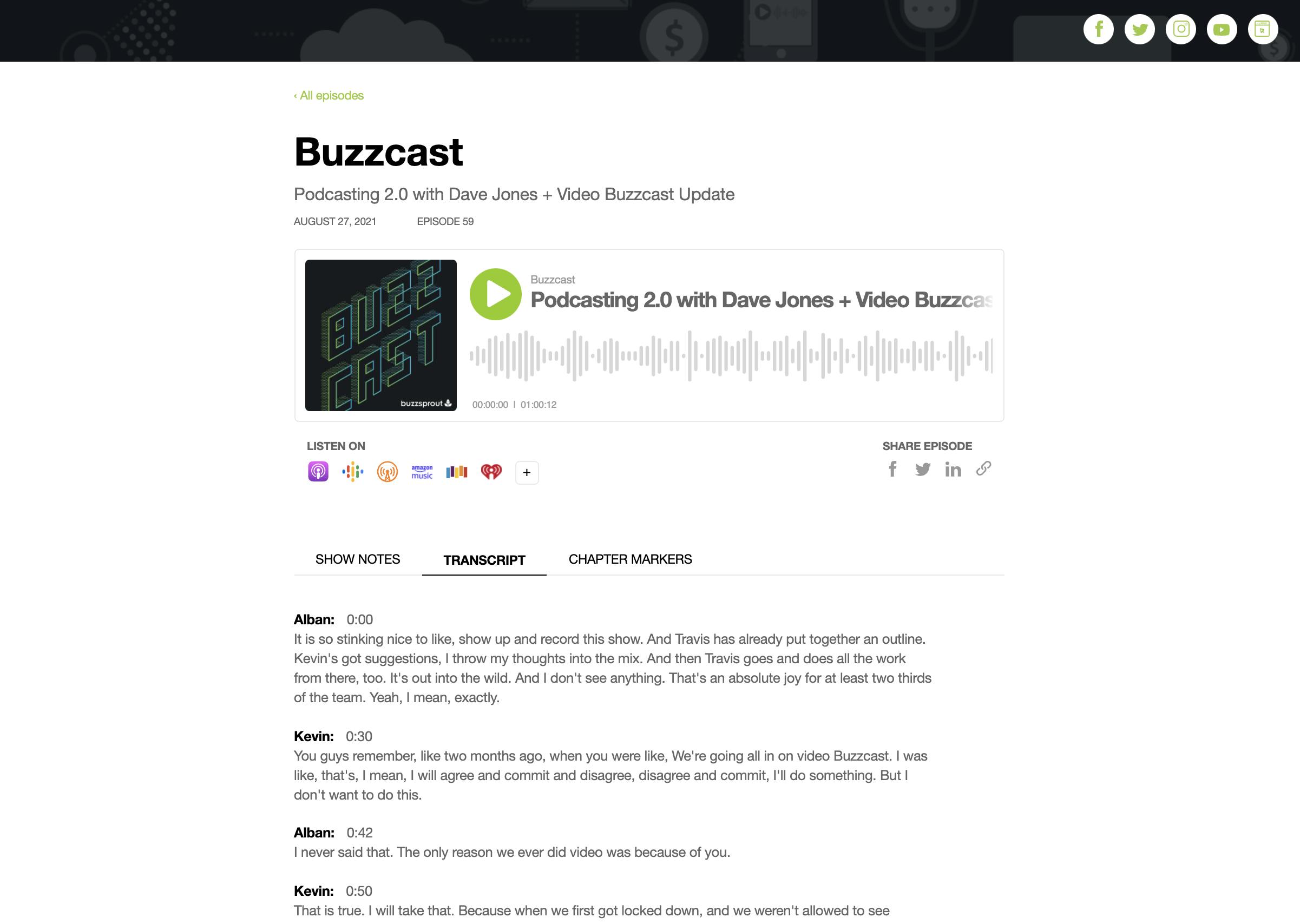 Buzzsprout website Transcripts tab