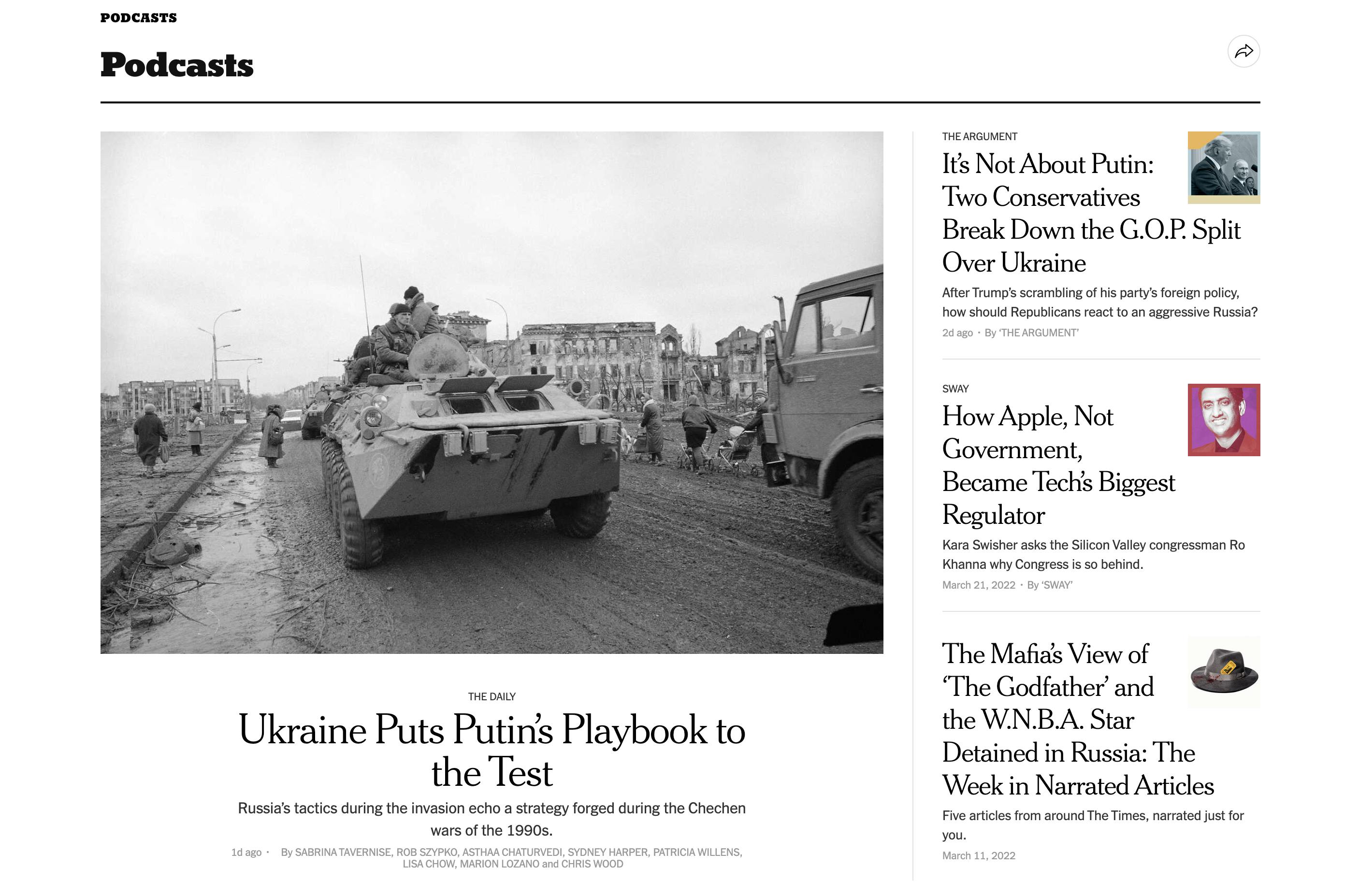 The New York Times homepage featuring podcast images of Ukraine from The Daily