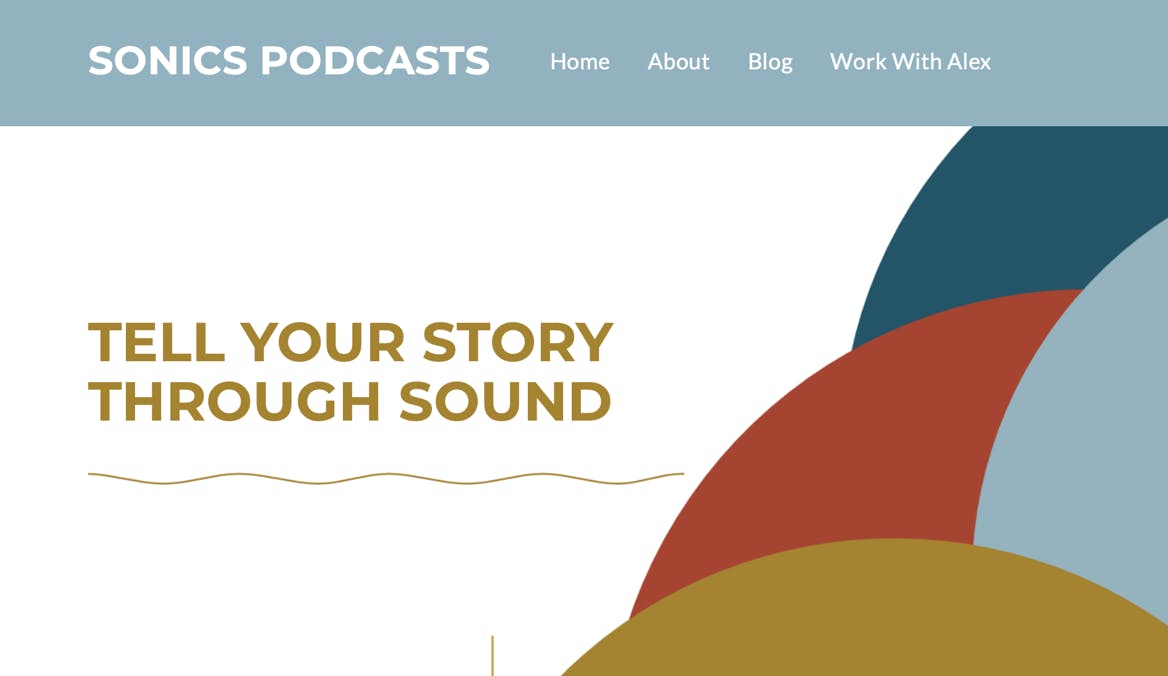 Sonics Podcasts homepage with overlapping circles and company slogan