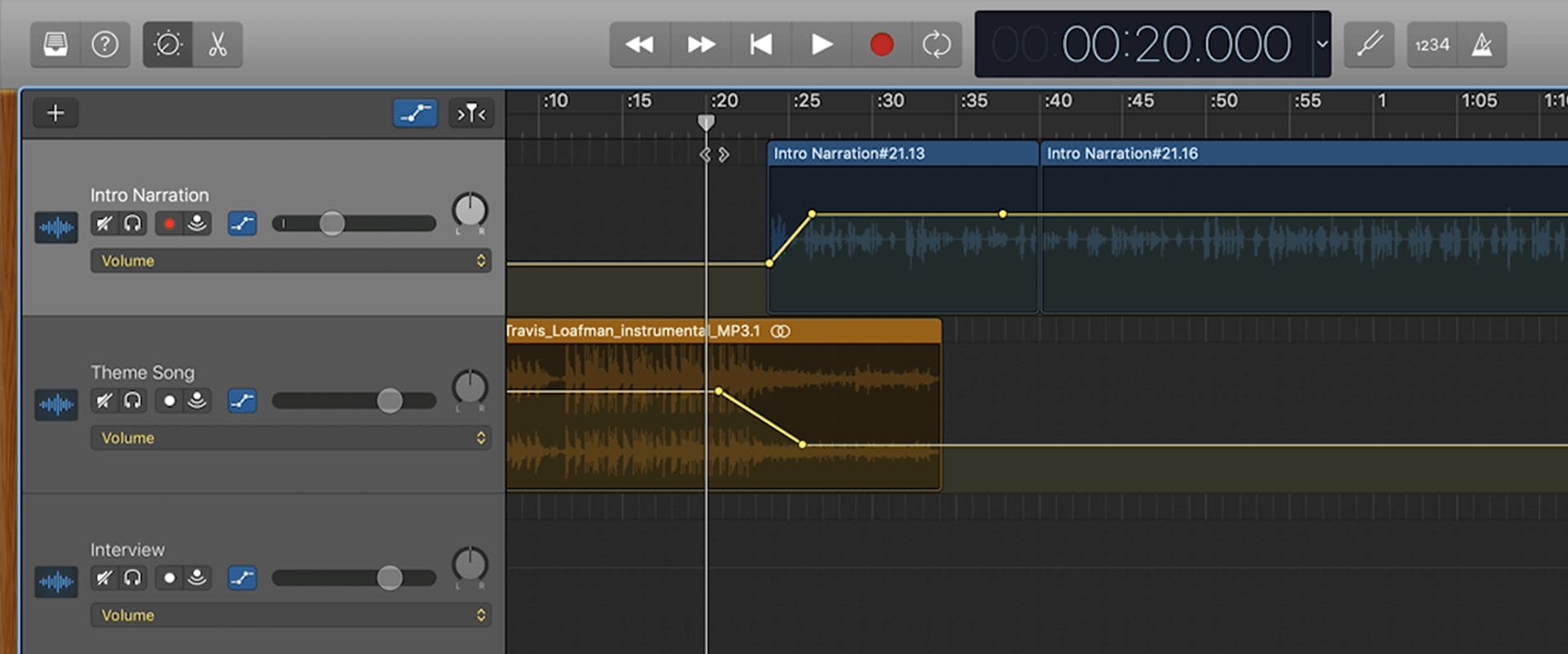 Automation feature applied to clips in Garageband workspace