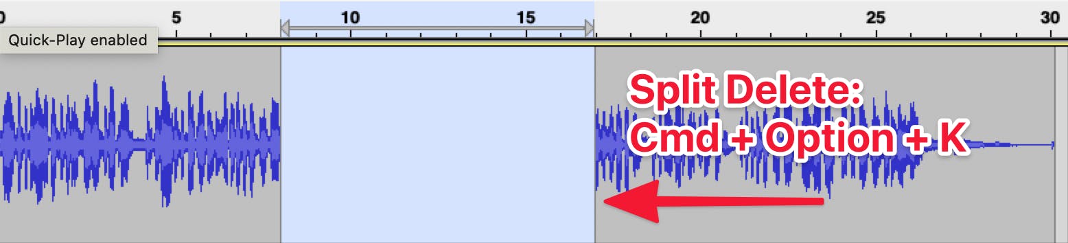 Waveform showing a split delete with red arrow and the keyboard shortcut