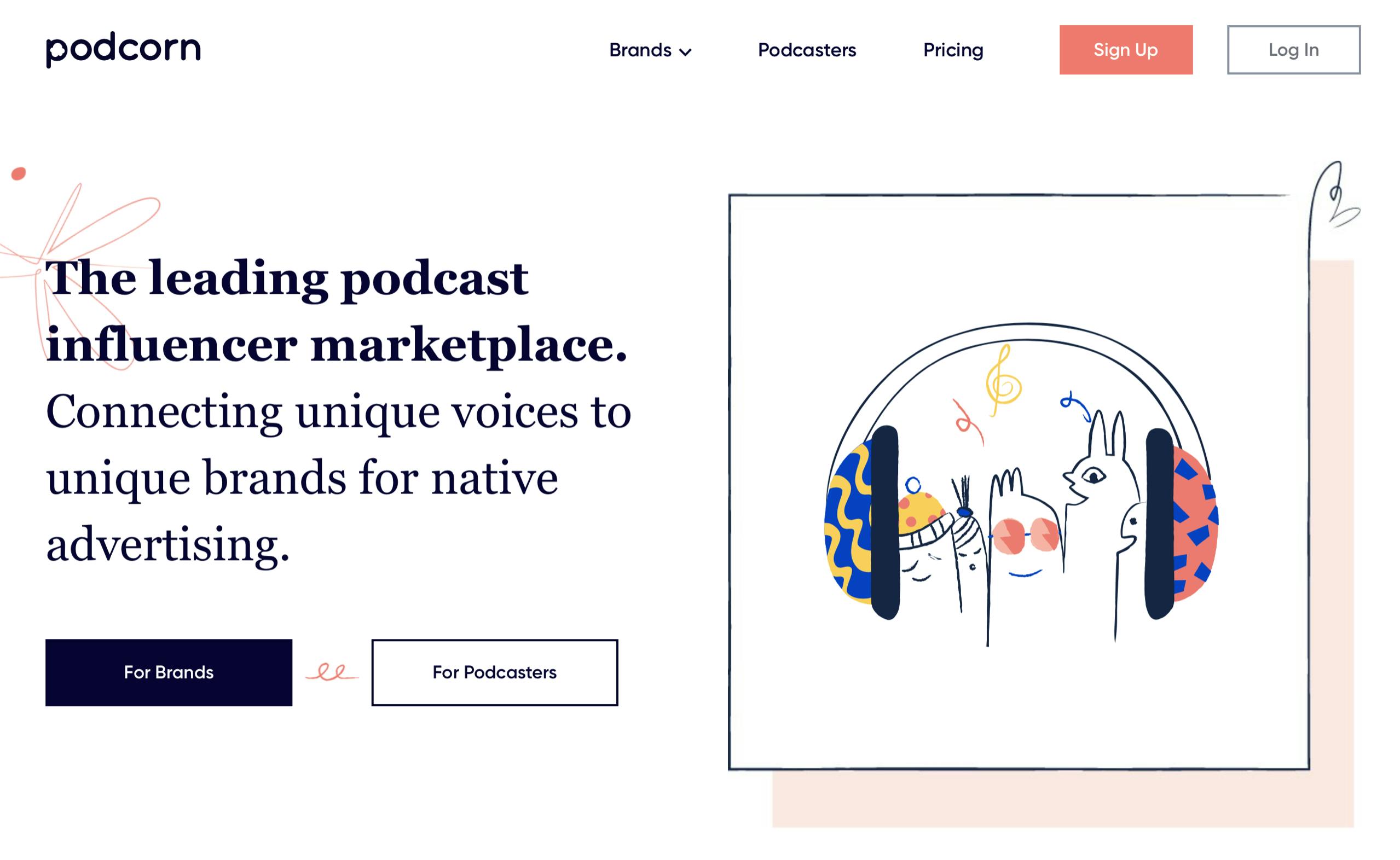 Podcorn homepage with a picture of headphones and icons for both brands and podcasters
