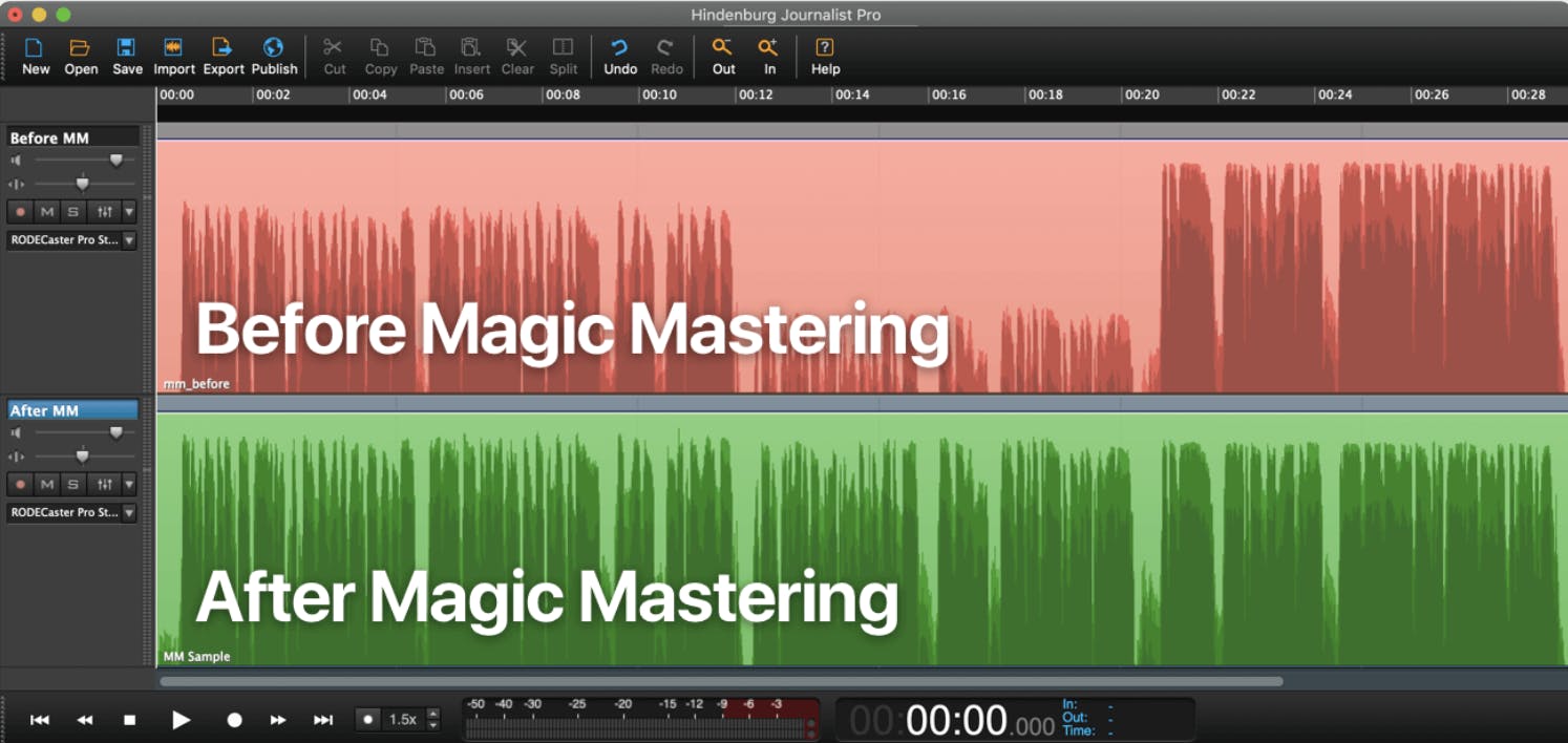 Waveforms in an audio editor showing the same file before and after Magic Mastering