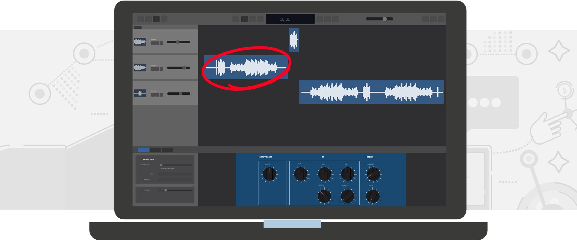 Laptop with audio production software opened and the intro circled in red